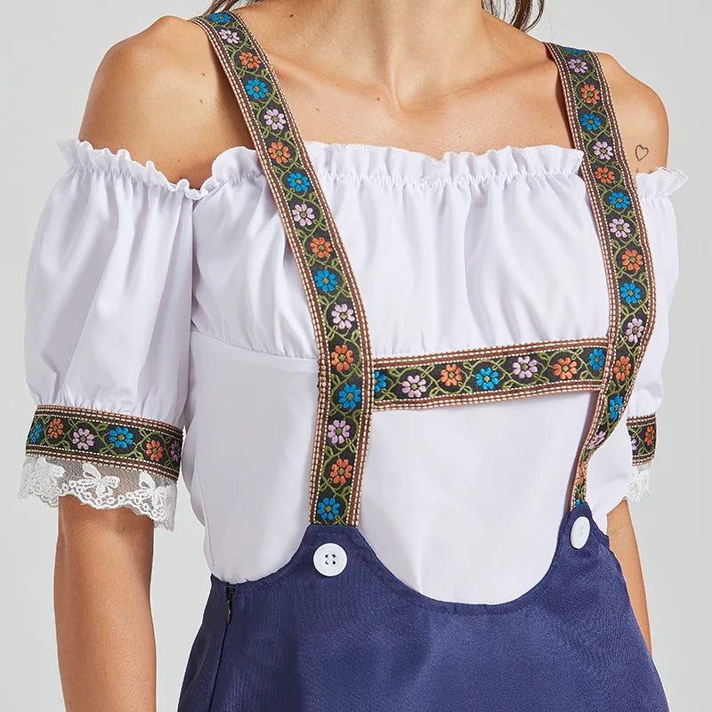 Damska sukienka dirndl w kolorze białym i granatowym, z haftem, z odkrytymi ramionami, z paskami i spódnicą