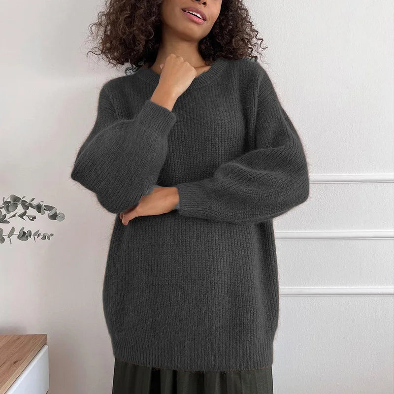 Damen Oversize Strickpullover Rundhals Rippstrick