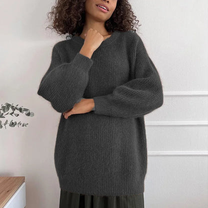 Damen Oversize Strickpullover Rundhals Rippstrick