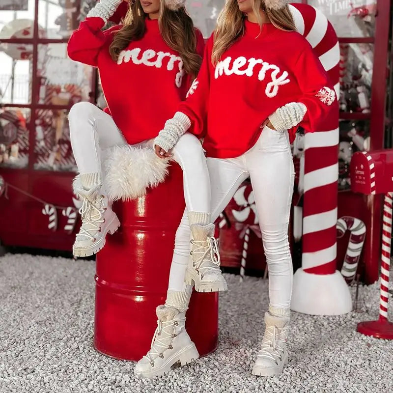 Czerwony damski sweter z dzianiny z haftem „merry” i stójką