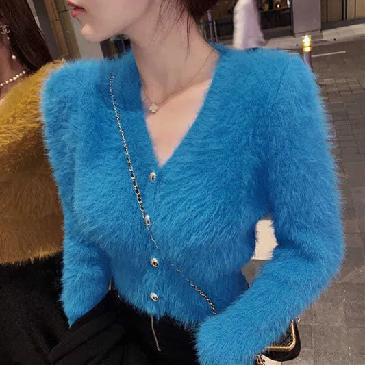 Kurzer Strickcardigan mit V-Ausschnitt und Knöpfen für Damen, flauschig