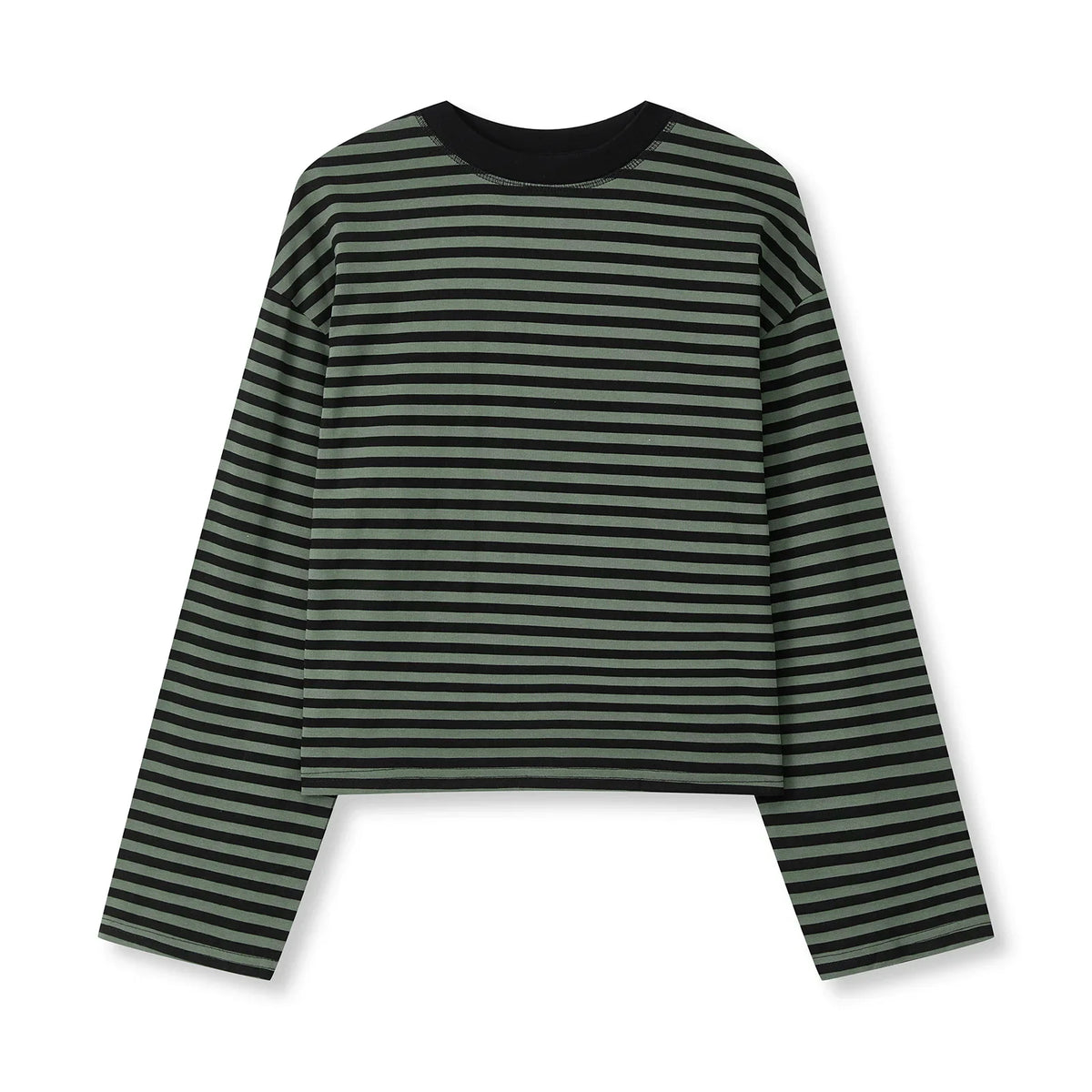 Haut rayé à manches longues pour femmes, col rond, crop top