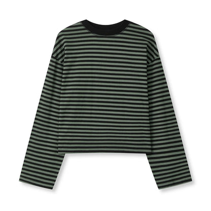 Haut rayé à manches longues pour femmes, col rond, crop top