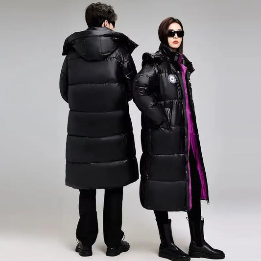 Abrigo acolchado largo unisex, negro brillante, con capucha