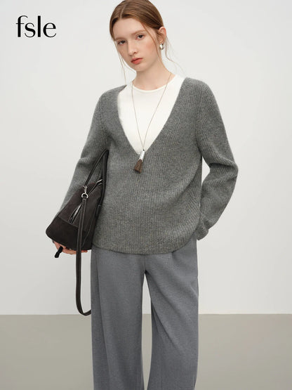 Damen Strickpullover mit tiefem V-Ausschnitt, gerippt, Langarm, meliert