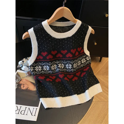 Damen Strickweste Jacquard Norweger-Muster Herz Schneeflocke Ärmellos Rundhals