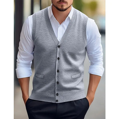 Gilet da uomo lavorato a maglia, con scollo a V, abbottonatura, grigio scuro e senza maniche