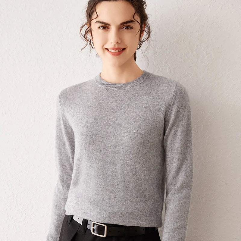 Pull femme à col rond et manches longues, maille fine, basique