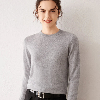 Pull femme à col rond et manches longues, maille fine, basique