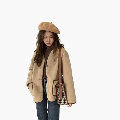 Chaqueta teddy oversize para mujer con botones y grandes bolsillos – Estilo street relajado para otoño e invierno