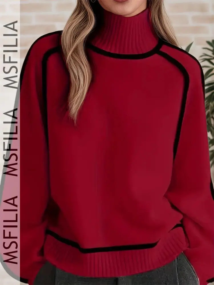 Damen Rollkragenpullover Strickpullover mit Kontraststreifen Langarm