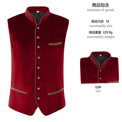 Ensemble pour homme composé d’une chemise traditionnelle à volants, d’un gilet traditionnel en velours et d’un pantalon en cuir
