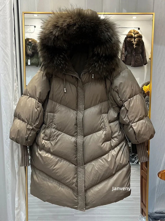 Damen Steppjacke mit Kunstpelzkragen und Kapuze, lang, Khaki