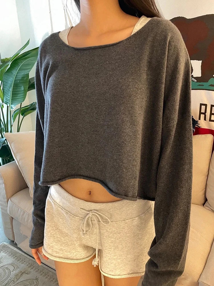 Damen Cropped Pullover Weit Geschnitten Langarm U-Boot-Ausschnitt