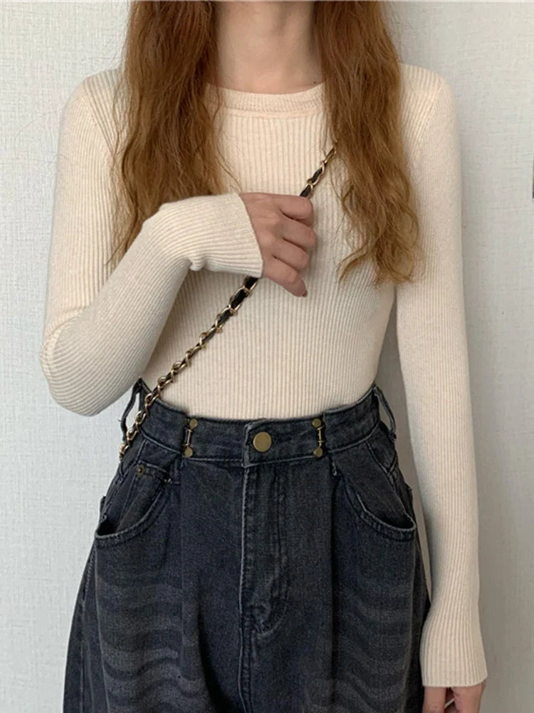 Pullover a maniche lunghe da donna, a coste, girocollo, top in vari colori