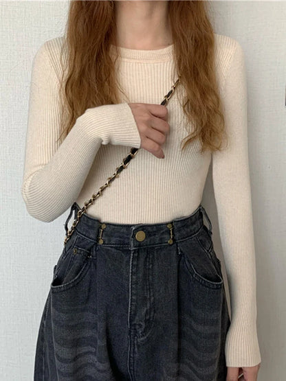 Pullover a maniche lunghe da donna, a coste, girocollo, top in vari colori