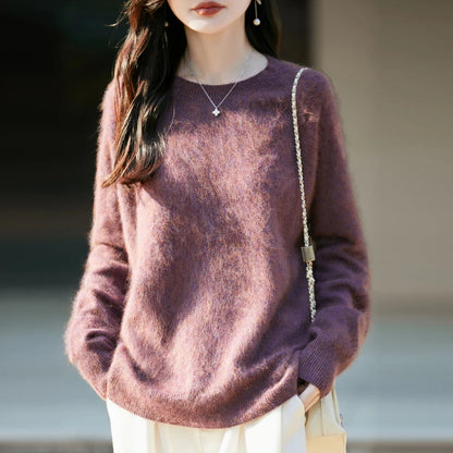 Pullover da donna in maglia, a girocollo, a maniche lunghe, morbido