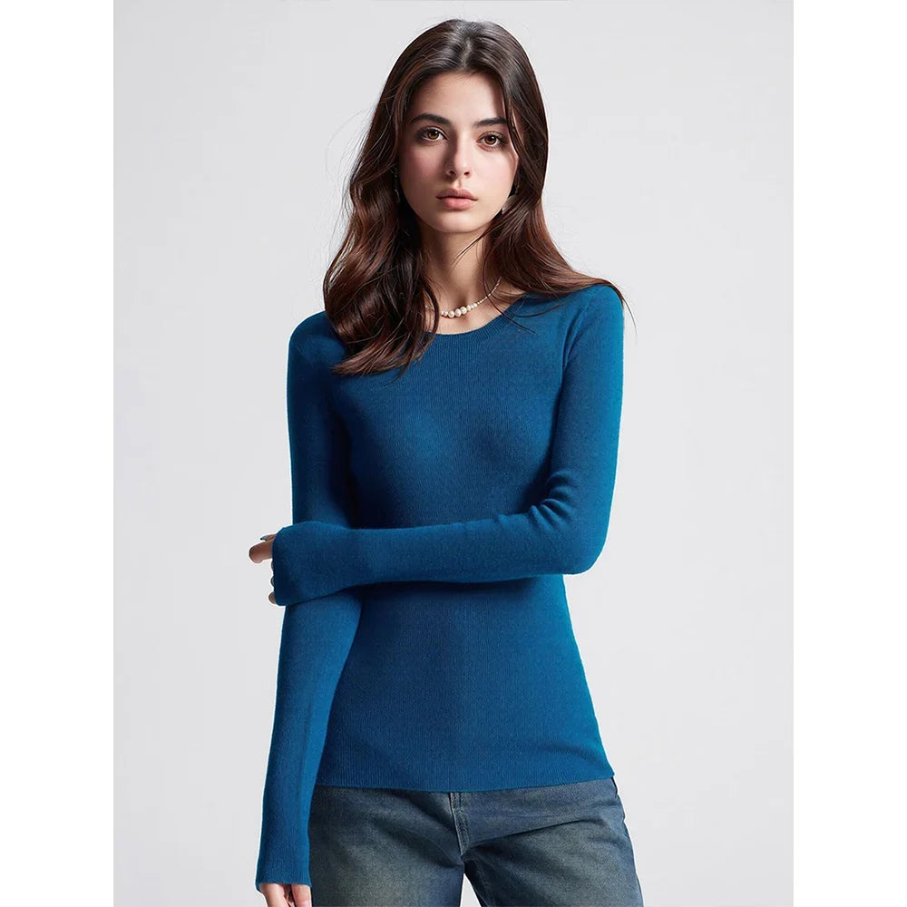 Damen Langarm Pullover Rundhals Rippstrick Optik Slim Fit