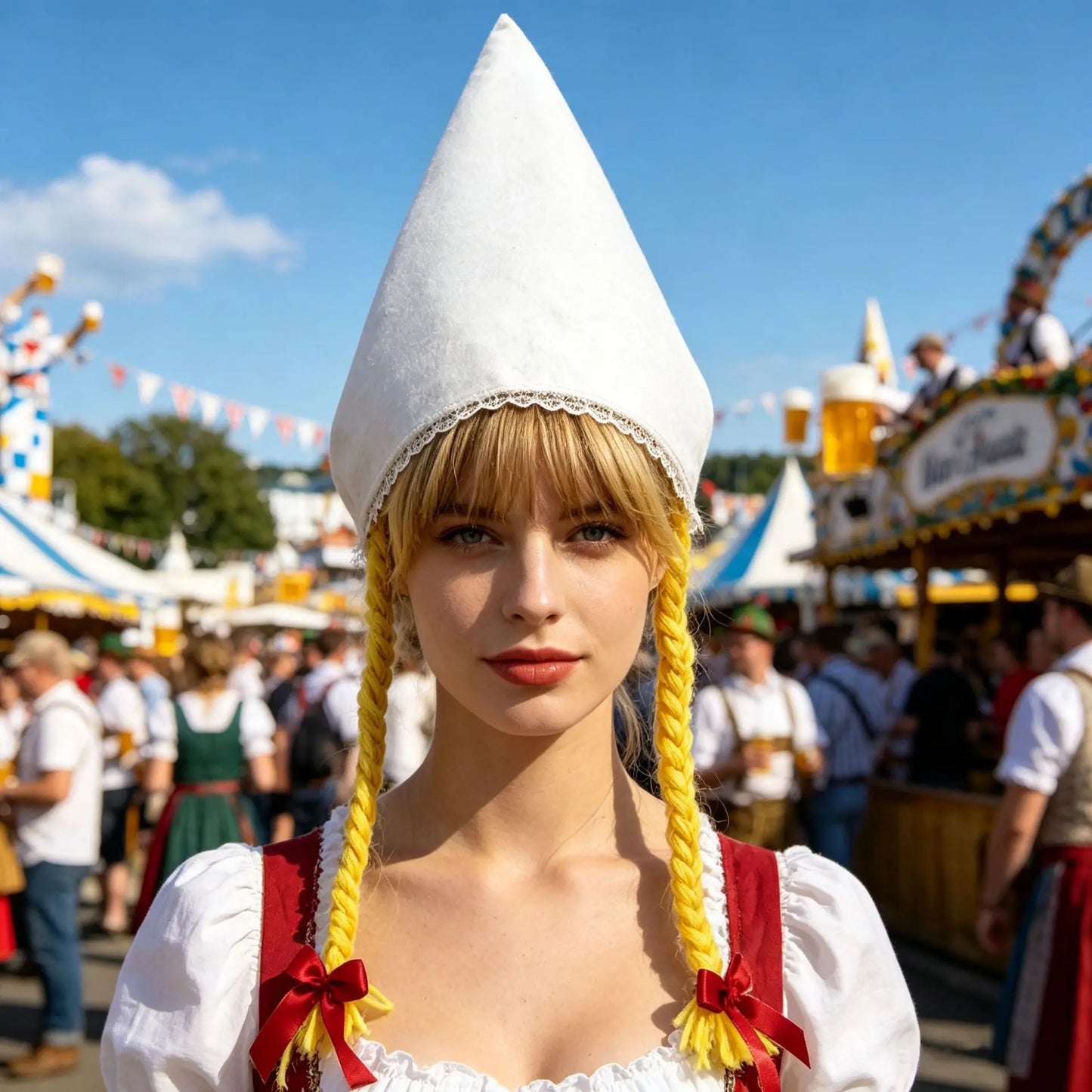 Dirndl Kleid Blau Rot mit Schürze Bluse und Mieder Schnürung