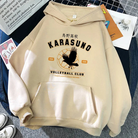 Sudadera unisex con capucha y estampado de anime - Beige claro «Karasuno Volleyball Club»