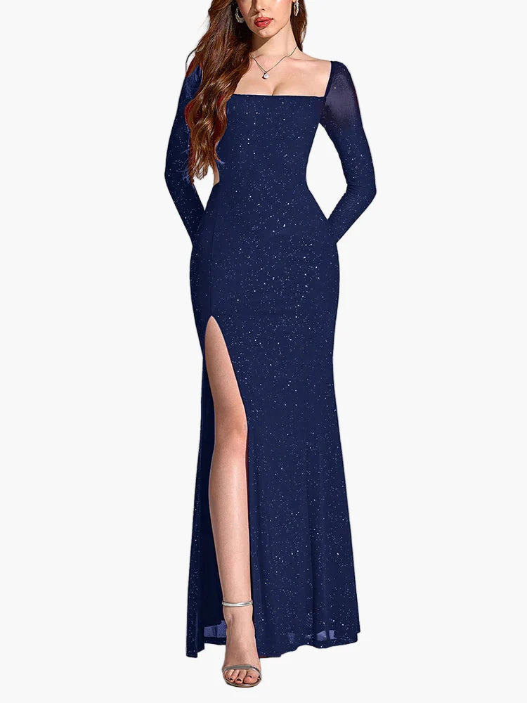 Robe de soirée femme avec fente et paillettes – Robe longue élégante pour occasions festives
