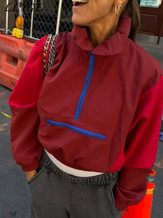 Damen Crop Windjacke mit Stehkragen und Reißverschluss Colorblock-Design