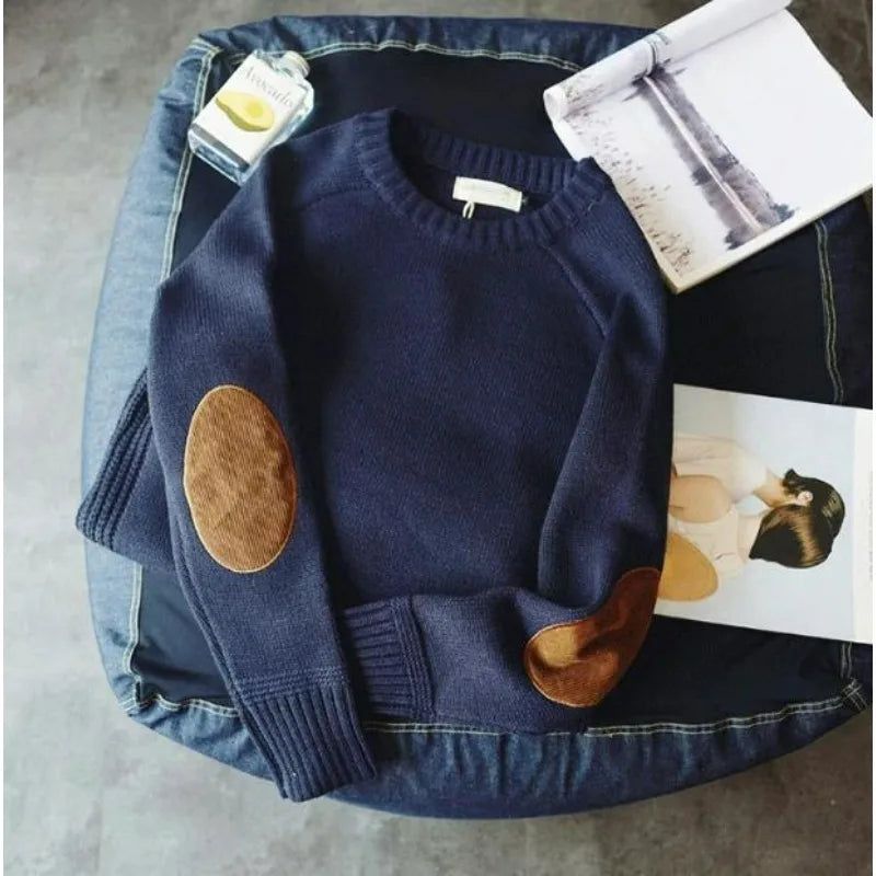 Herren Rundhals Pullover Strickpullover mit Ellenbogen-Patches