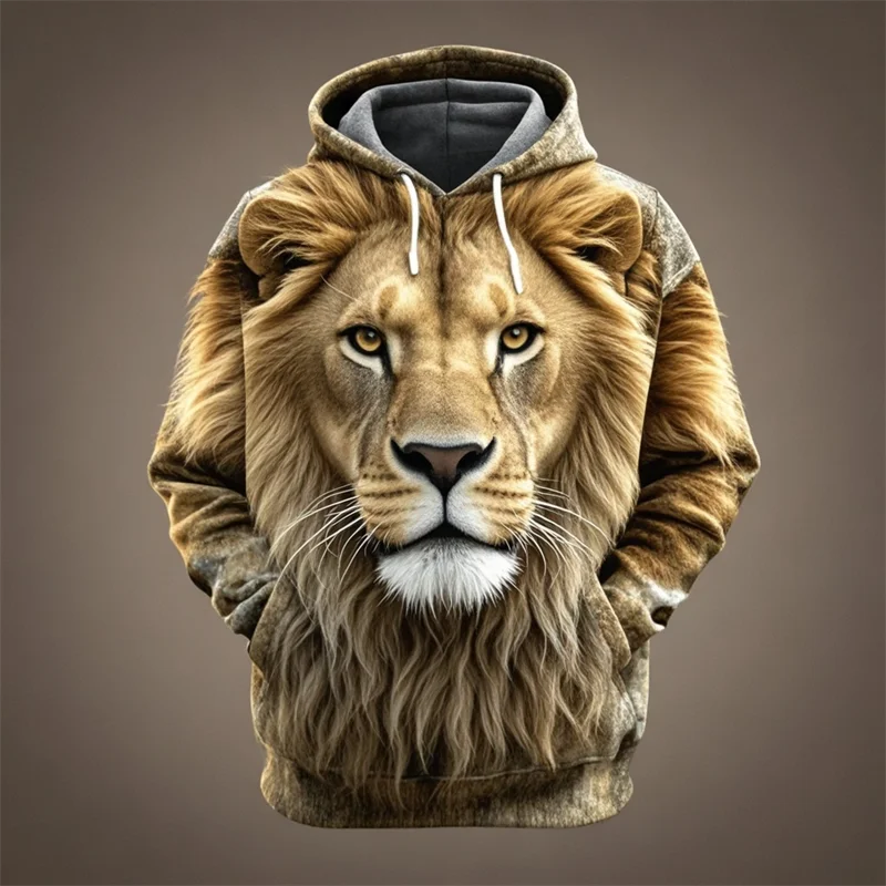 Felpa con cappuccio con stampa di testa di leone, design con motivo animale unisex