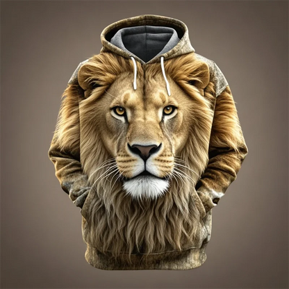 Felpa con cappuccio con stampa di testa di leone, design con motivo animale unisex