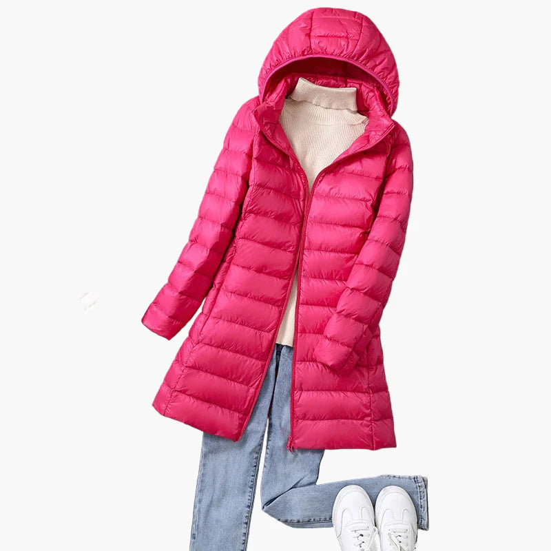 Dames winter gewatteerde mantel met capuchon – Stijlvolle lange outdoor puffer voor dagelijks en vrijetijd