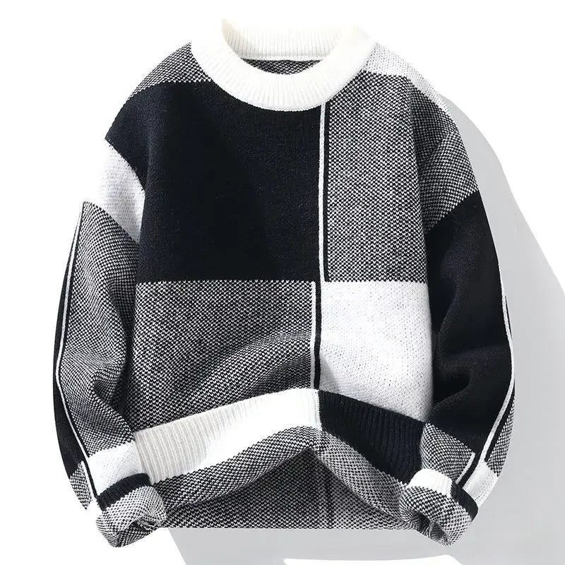 Herre sweater i moderne patchwork-stil – Komfortabel rundhalset sweater til fritid og hverdag