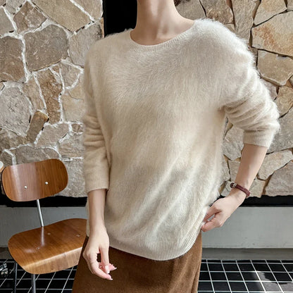 Damen Flauschiger Pullover Rundhalsausschnitt Langarm