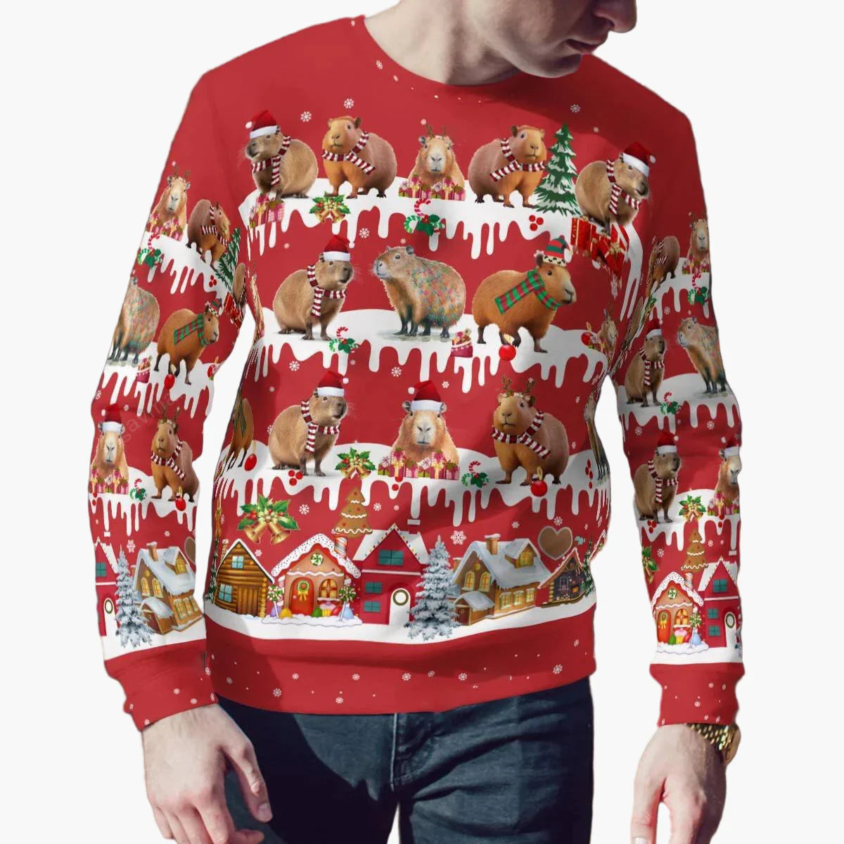 Męski świąteczny sweter z motywem kapibary – zabawny Ugly Christmas Sweater dla dorosłych