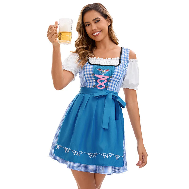 Damesdirndl blauw geruit en effen met schort, schoudervrij