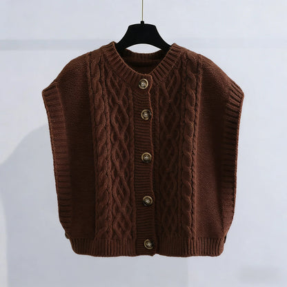 Strikket vest dame med flettemønster og knapper – ermeløs cardigan i flere farger