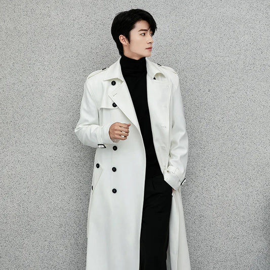 Herren Trenchcoat Lang Weiß Doppelreihig Klassisch