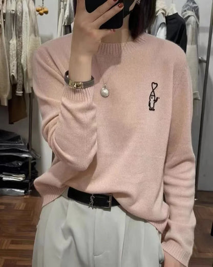 Maglione da donna a girocollo con ricamo, maniche lunghe e polsini a coste, materiale morbido e soffice