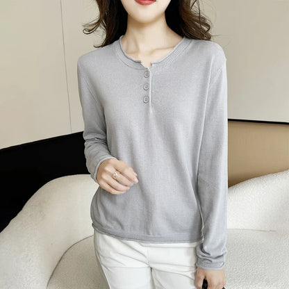 Damen Langarmshirt mit Knopfleiste, V-Ausschnitt, Feinstrick