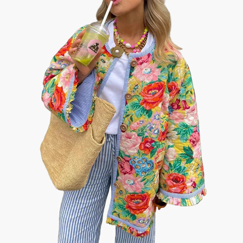 Damen Boho Steppjacke mit Blumenmuster – Lässiger Vintage Style, Frühlings- und Sommer-Outfit