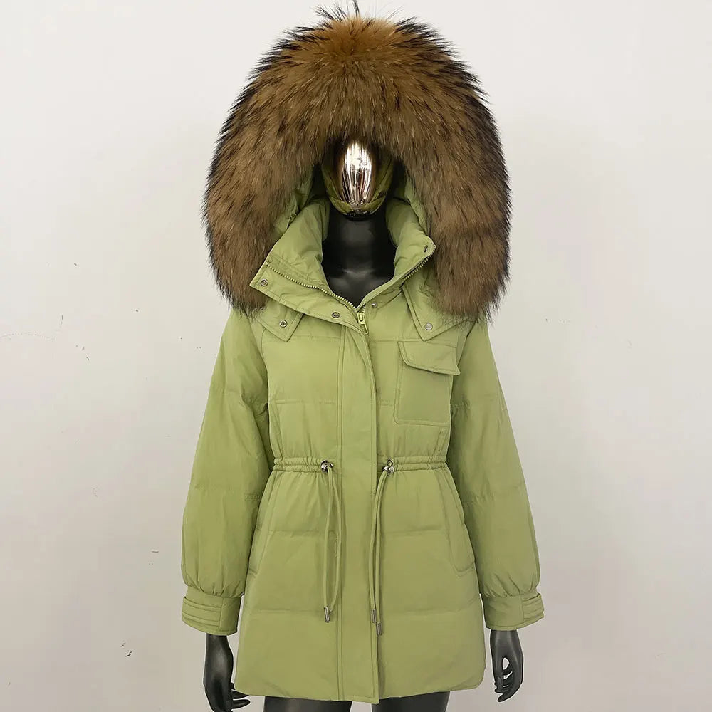 Damen Winter Steppjacke mit Fellkapuze & Taillenzug Beige