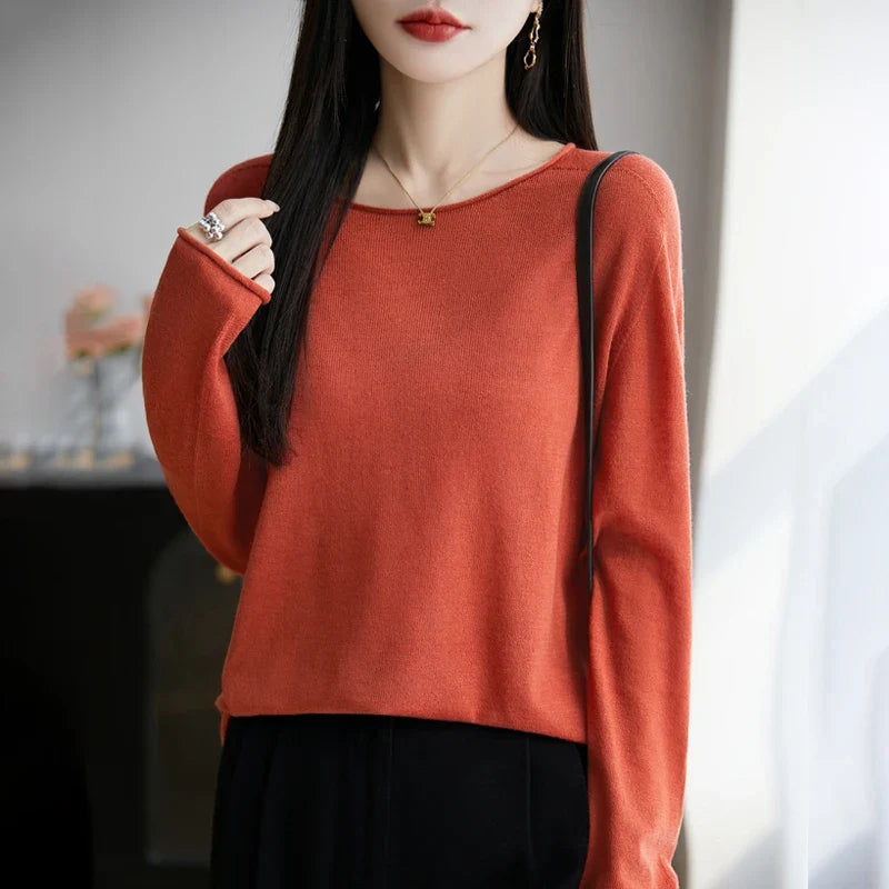 Suéter de manga larga para mujer con cuello redondo, tejido fino y diseño básico