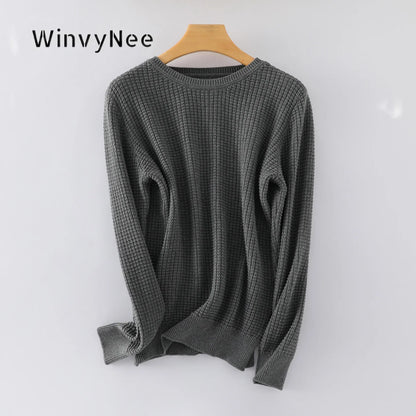 Unisex Langarm Pullover Rundhalsausschnitt Waffelstruktur Strickpullover