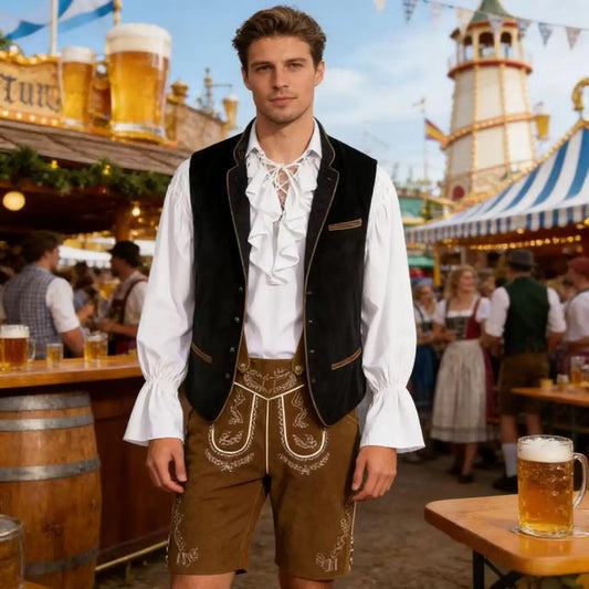 Trachtenhemd Rüschen & Trachtenweste samtig & Lederhose Set Herren