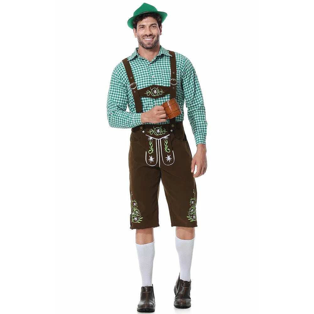 Herenklederdrachtset met geruit overhemd, leren broek en borduursel in groen en bruin