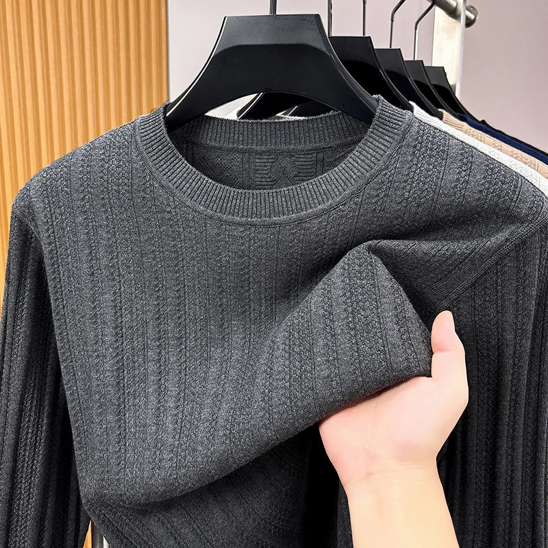 Maglione da uomo in maglia a girocollo, maniche lunghe, a coste fini strutturate, grigio