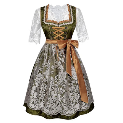 Damesdirndl met kant en schort in groen-goud