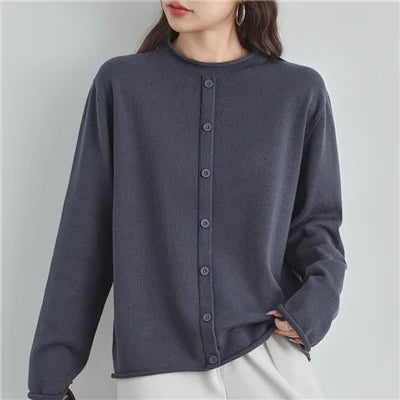 Damen Strickjacke mit Rundhalsausschnitt Knopfleiste Langarm