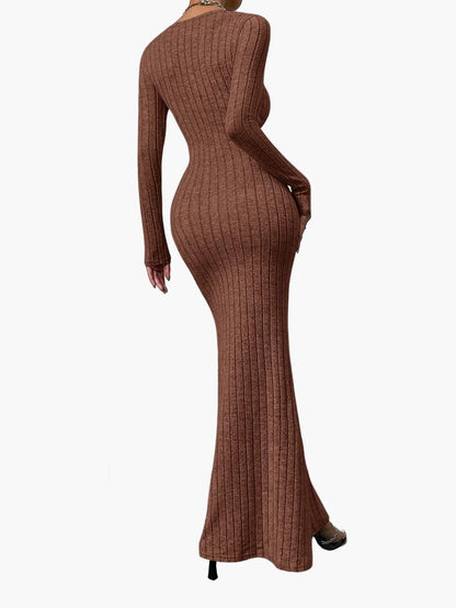Damen Strick Maxikleid mit langen Ärmeln und eckigem Ausschnitt – Elegantes Freizeitkleid für Herbst und Winter