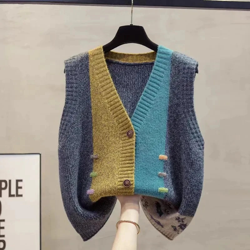 Gilet da donna in maglia con scollo a V, bordi a contrasto, con bottoni