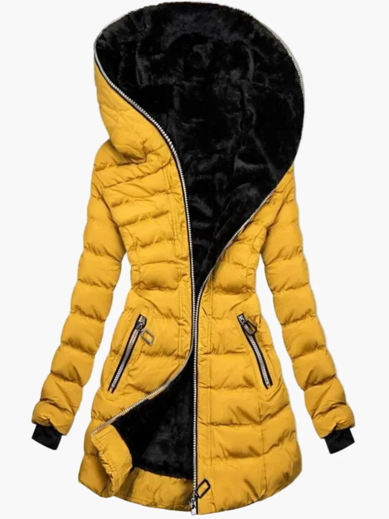 Giacca invernale trapuntata da donna con ampio cappuccio e cerniera asimmetrica – Cappotto outdoor alla moda